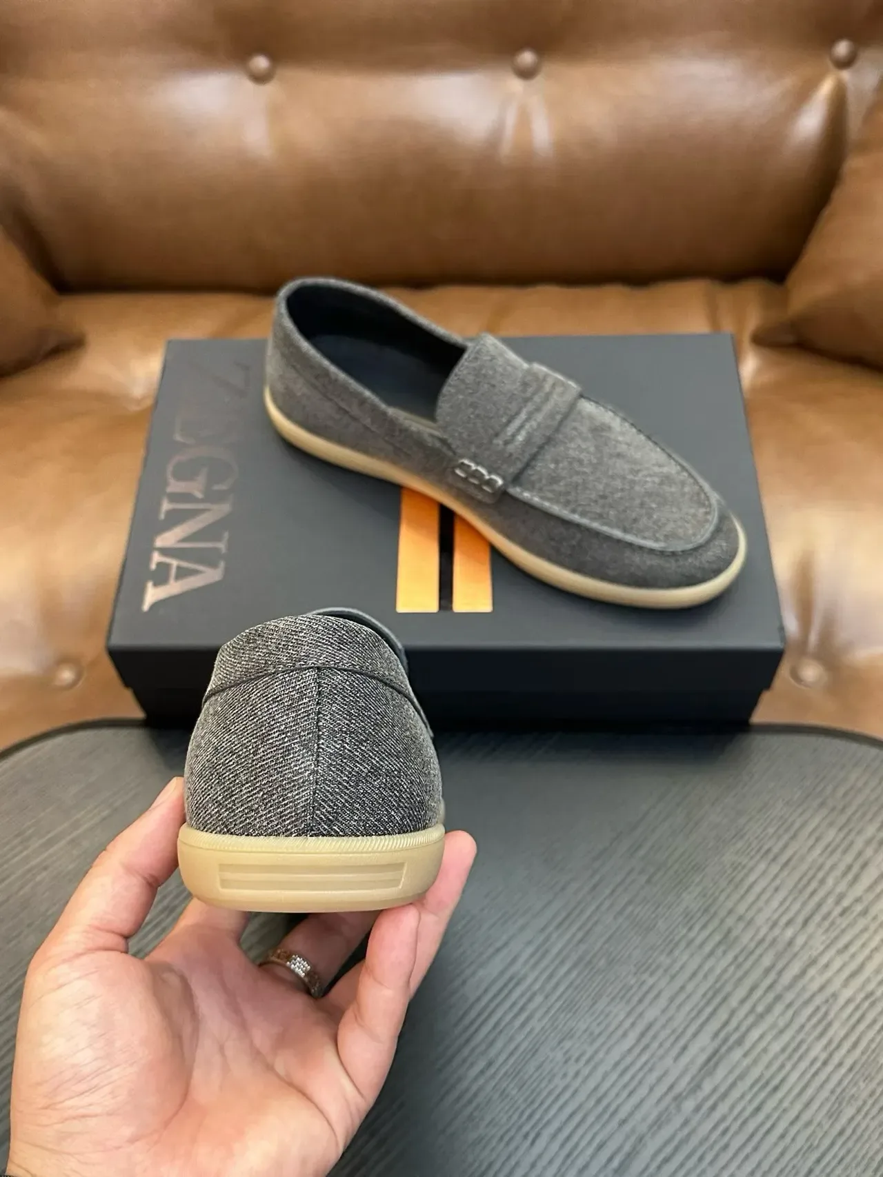 Zegna Gray Beige Heathered Fabric Upper Gum Rubber Sole Loafer 3