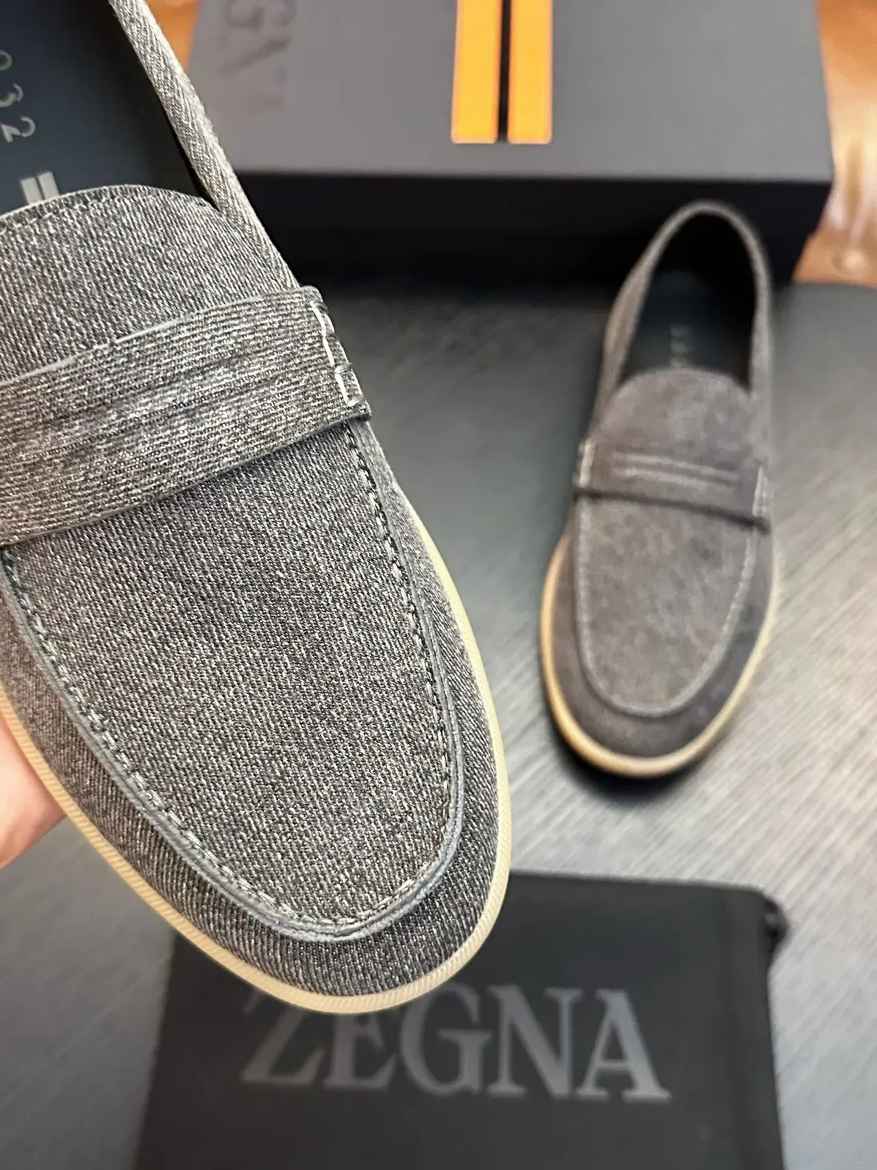 Zegna Gray Beige Heathered Fabric Upper Gum Rubber Sole Loafer 4