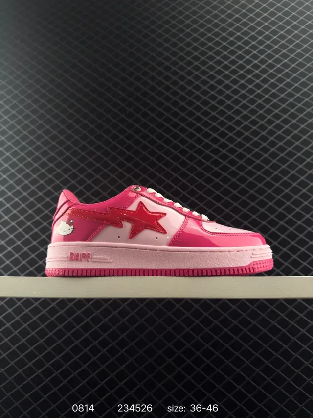 A Bathing Ape Bape Sta Low Tênis lifestyle rosa vermelho com upper de patente brilhante logo de estrela no lado 6