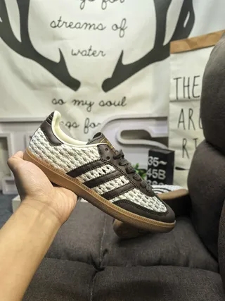 Adidas Beige Brown Woven Textile Upper Leather Overlays Lifestyle Sneakers 5