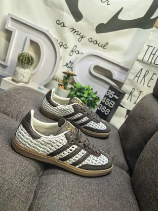 Adidas Beige Brown Woven Textile Upper Leather Overlays Lifestyle Sneakers 9