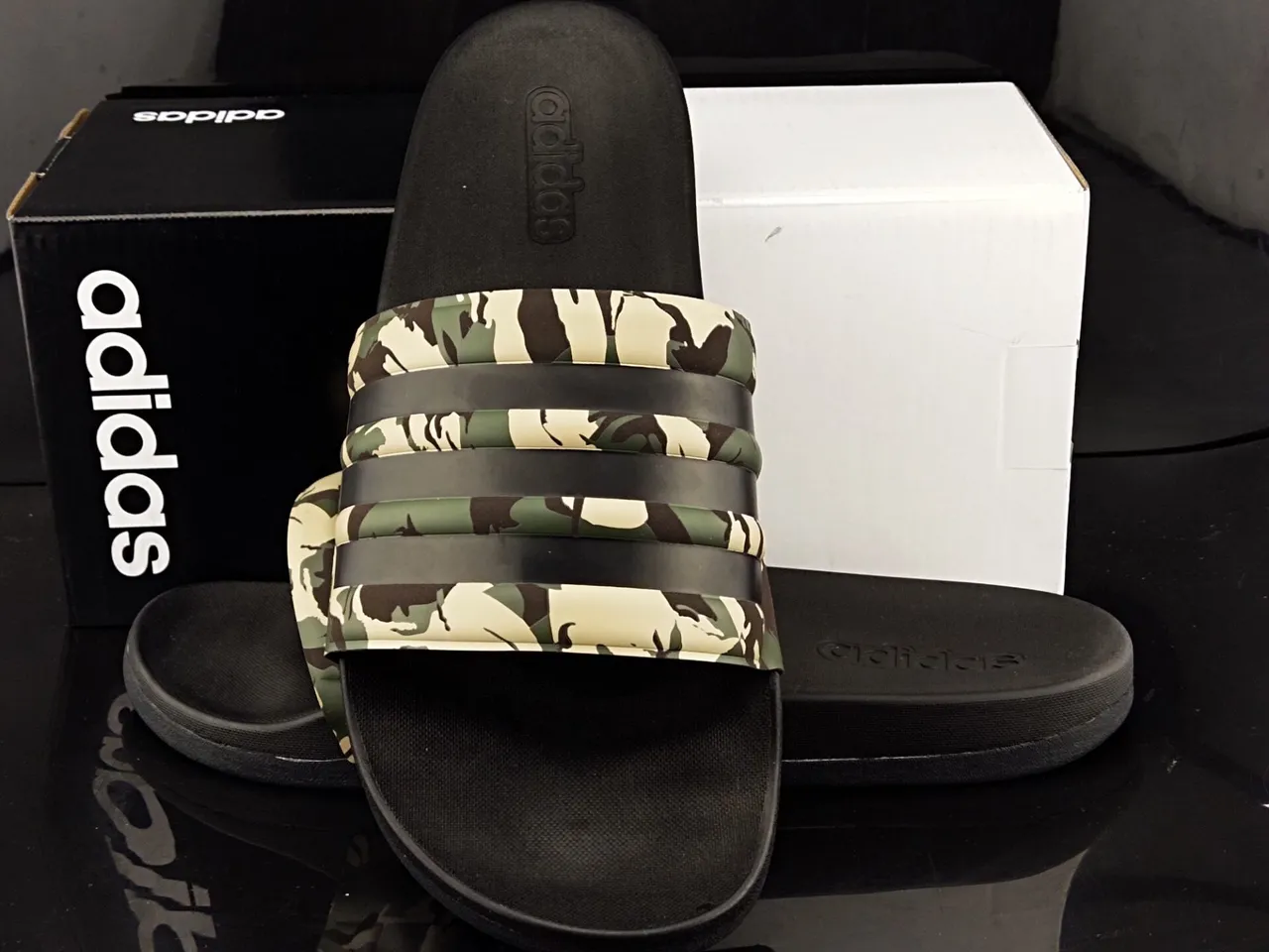 Adidas Black Army Green Camouflage-Print Strap Three Stripes Slippers 3