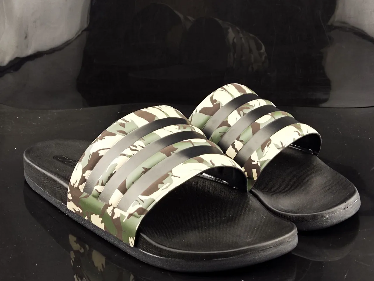 Adidas Black Army Green Camouflage-Print Strap Three Stripes Slippers 4