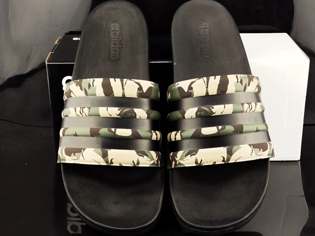Adidas Black Army Green Camouflage-Print Strap Three Stripes Slippers 5