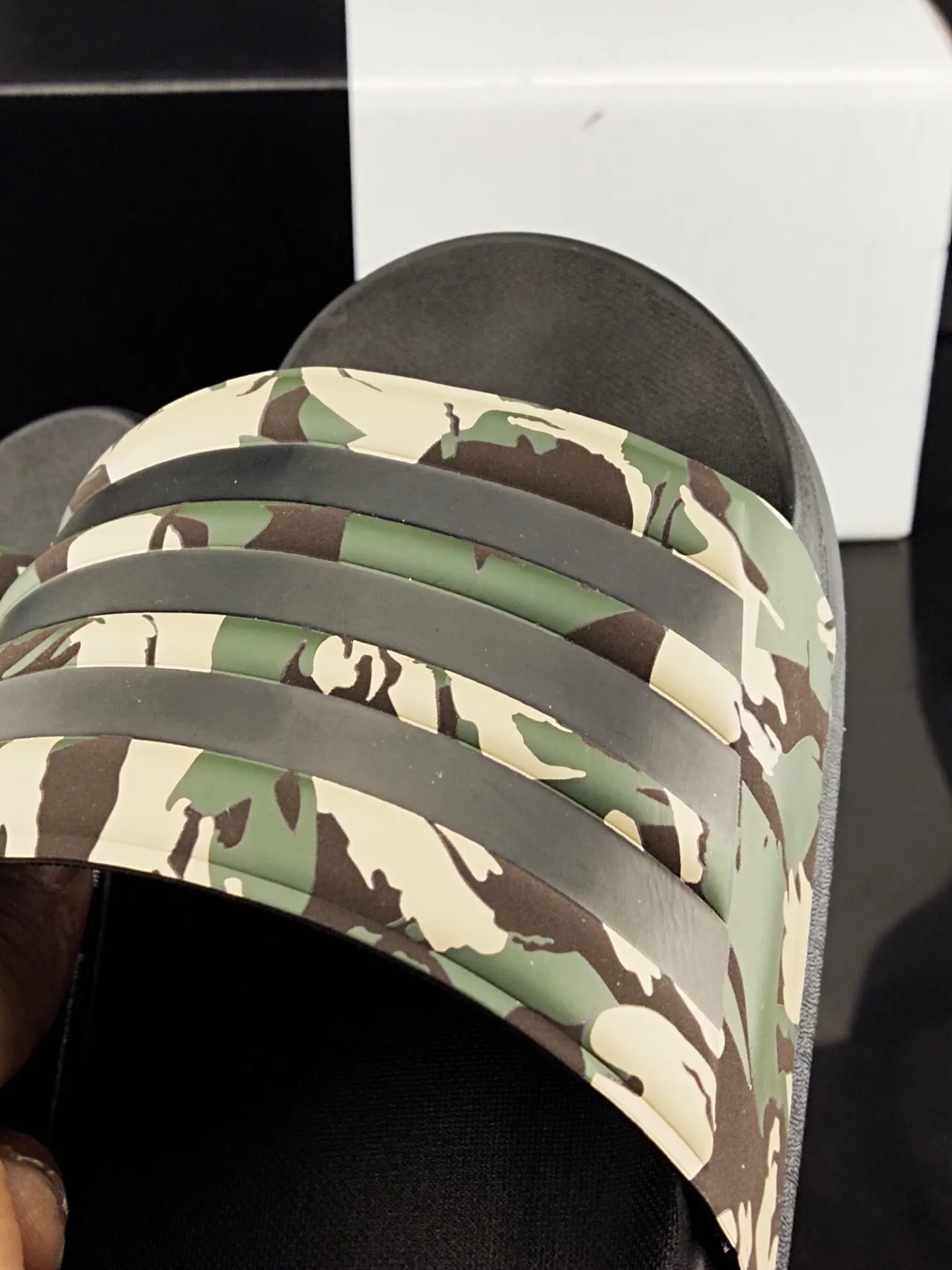 Adidas Black Army Green Camouflage-Print Strap Three Stripes Slippers 6