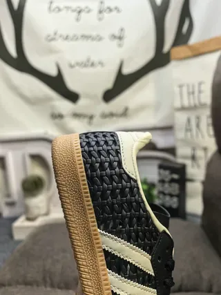 Adidas Black Beige Woven Upper Off-White Leather Accents Lifestyle Sneakers 3