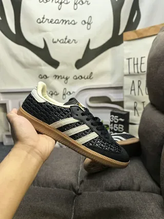 Adidas Black Beige Woven Upper Off-White Leather Accents Lifestyle Sneakers 5