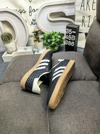 Adidas Black Beige Woven Upper Off-White Leather Accents Lifestyle Sneakers 6