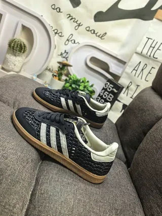 Adidas Black Beige Woven Upper Off-White Leather Accents Lifestyle Sneakers 7