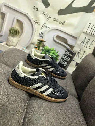 Adidas Black Beige Woven Upper Off-White Leather Accents Lifestyle Sneakers 9