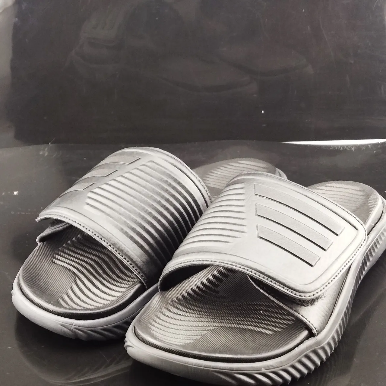 Adidas Black Molded EVA Sole Embossed Three-Stripe Strap Slippers 2