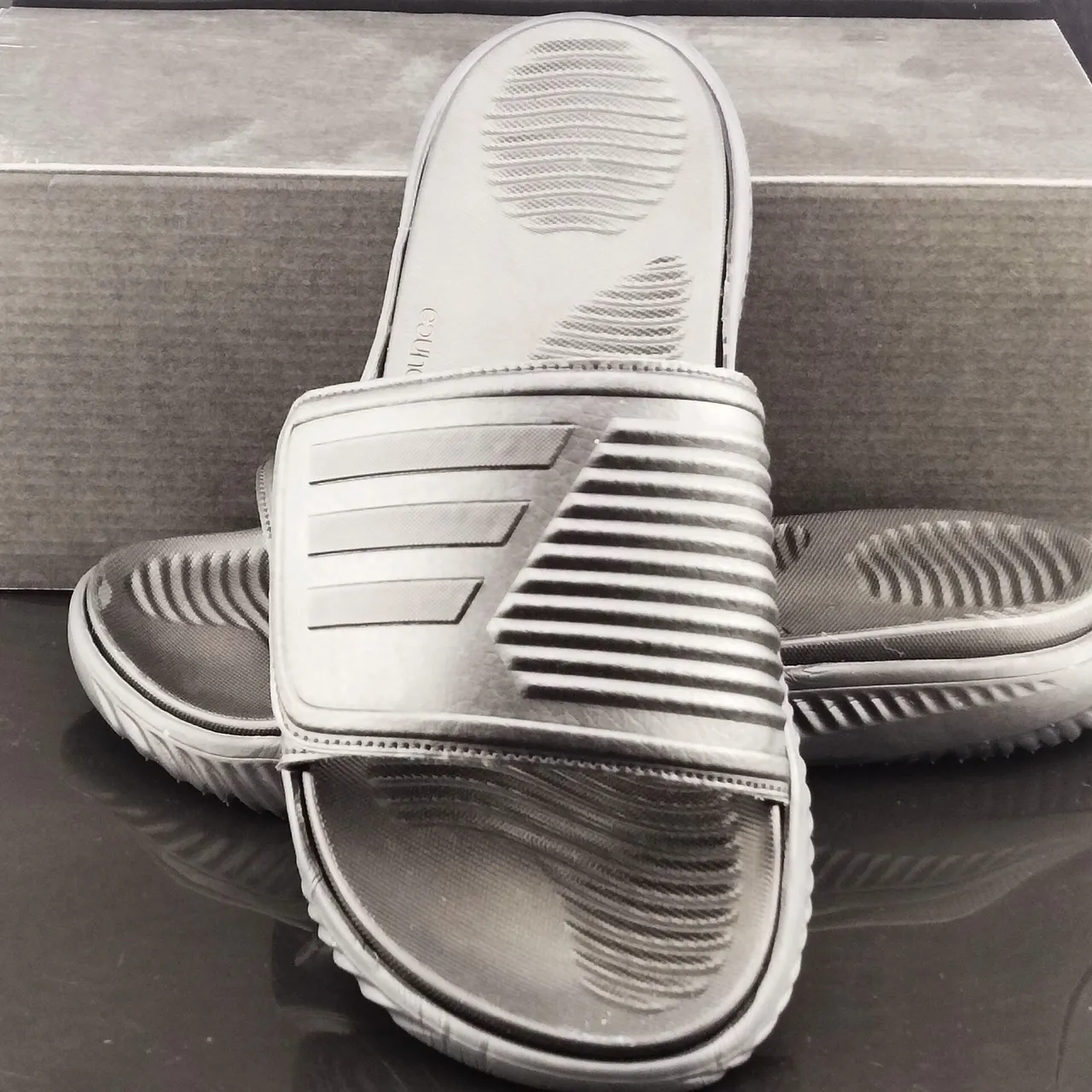 Adidas Black Molded EVA Sole Embossed Three-Stripe Strap Slippers 3