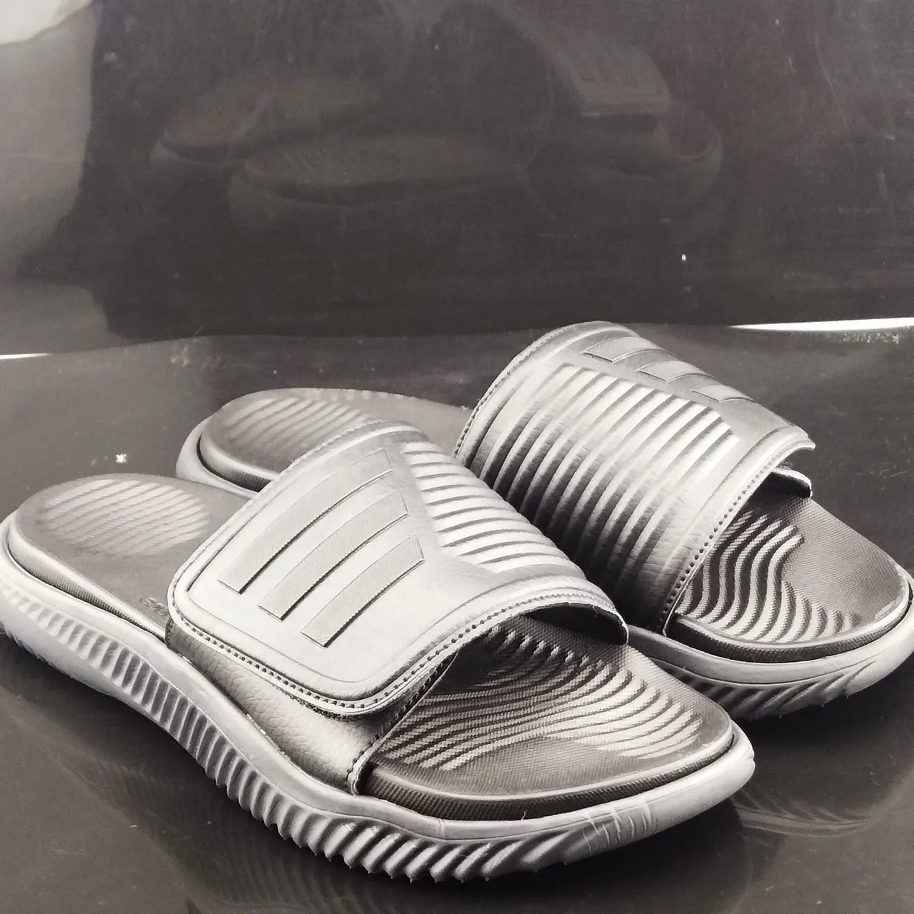 Adidas Black Molded EVA Sole Embossed Three-Stripe Strap Slippers 4