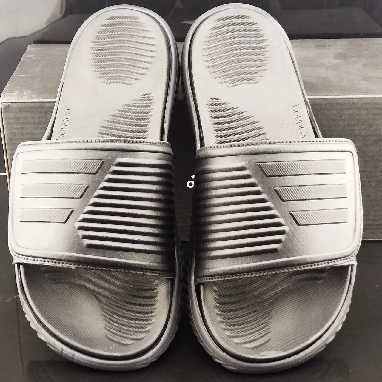 Adidas Black Molded EVA Sole Embossed Three-Stripe Strap Slippers 5