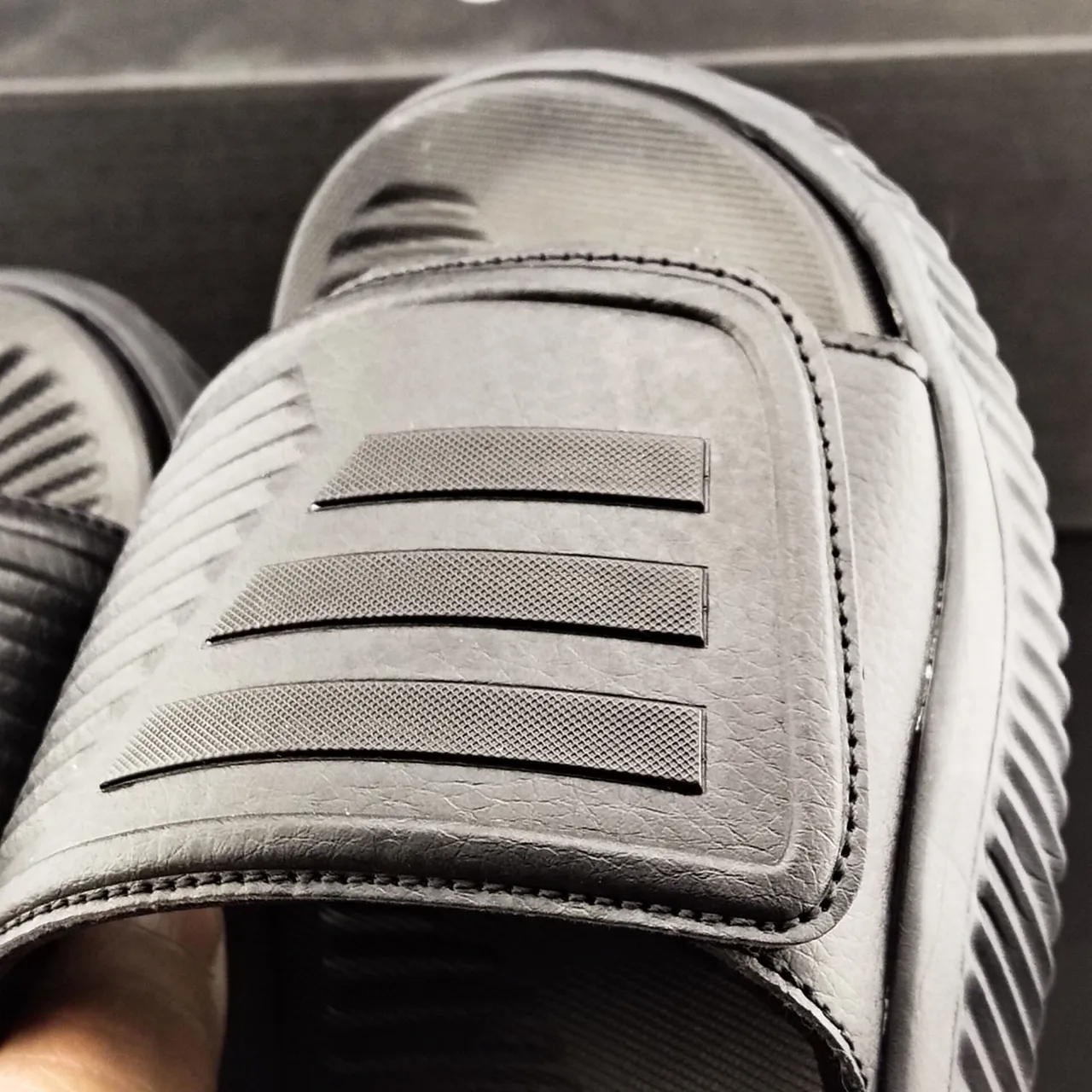 Adidas Black Molded EVA Sole Embossed Three-Stripe Strap Slippers 6