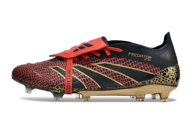 Adidas Chaussures de football Noir Rouge Contrefort talon imprimé léopard Empeigne texturée à l'échelle Soles pour terrain ferme 7