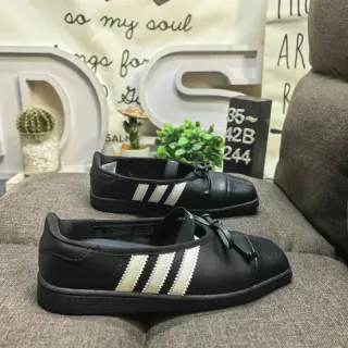 Adidas Black White Leather-Like Upper Three Stripes Mary Jane Shoes