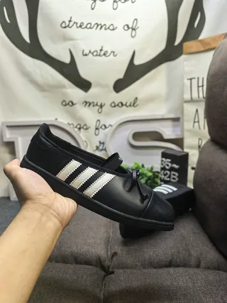 Adidas Black White Leather-Like Upper Three Stripes Mary Jane Shoes 5