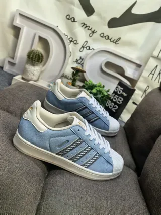 Adidas Blue Beige Suede Upper Shell Toe Lifestyle Sneakers 9