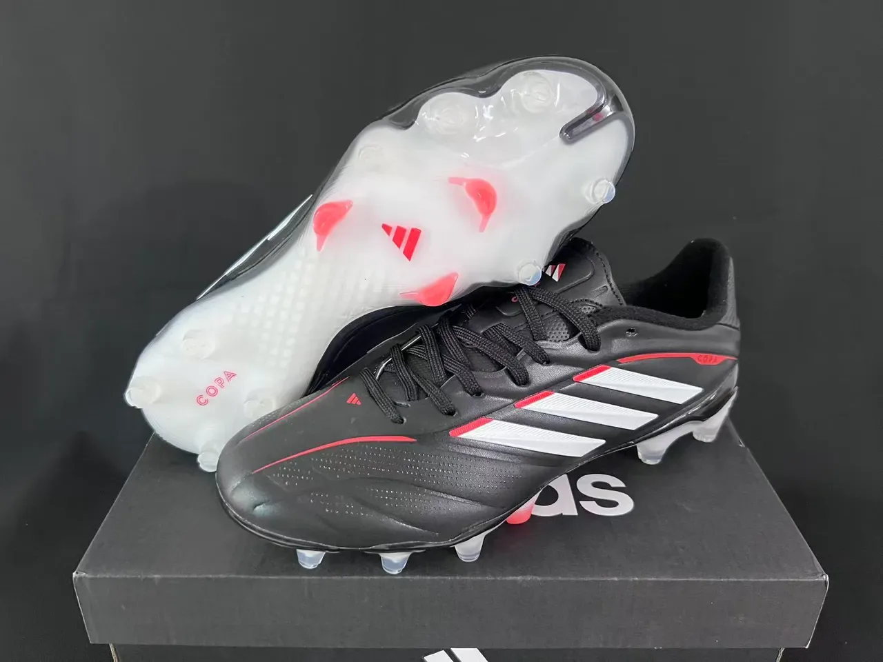 Adidas Copa Preto Branco Couro Superior Três Listras Marca Campo Firme Sapatos de Futebol 8