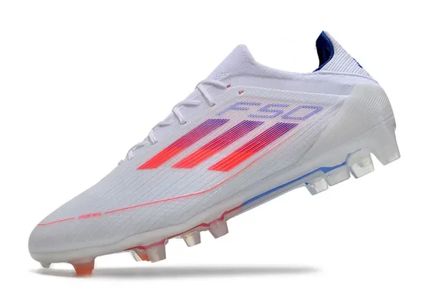 Adidas F50 Branco Azul Chuteira de Futebol Upper Tricô Baixo Três Faixas Gráfico Gradiente Solo Firme 3
