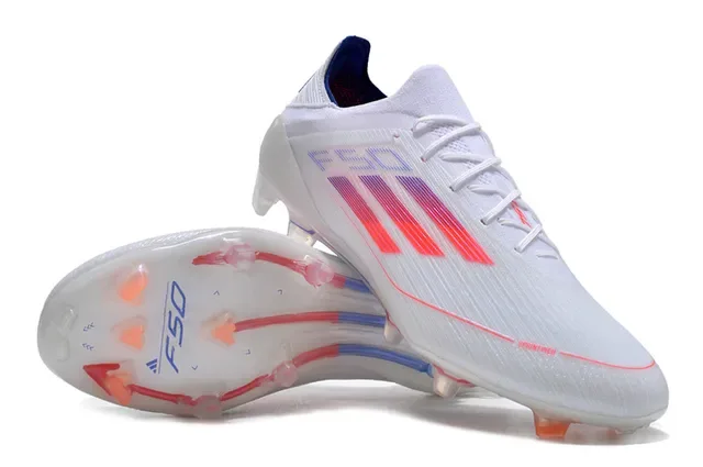 Adidas F50 Branco Azul Chuteira de Futebol Upper Tricô Baixo Três Faixas Gráfico Gradiente Solo Firme 4