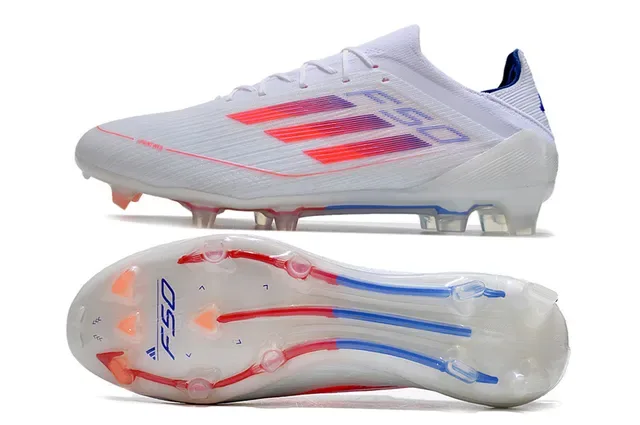 Adidas F50 Branco Azul Chuteira de Futebol Upper Tricô Baixo Três Faixas Gráfico Gradiente Solo Firme 6