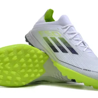 Adidas F50 सफेद हरा निट अप ग्रेडिएंट थ्री-स्ट्राइप टर्फ फुटबॉल जूते