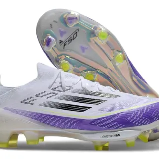 Adidas F50 White Purple Low-Cut Sock-Fit Upper Translucent Iridescent Outsole Firm-Ground Soccer Shoes