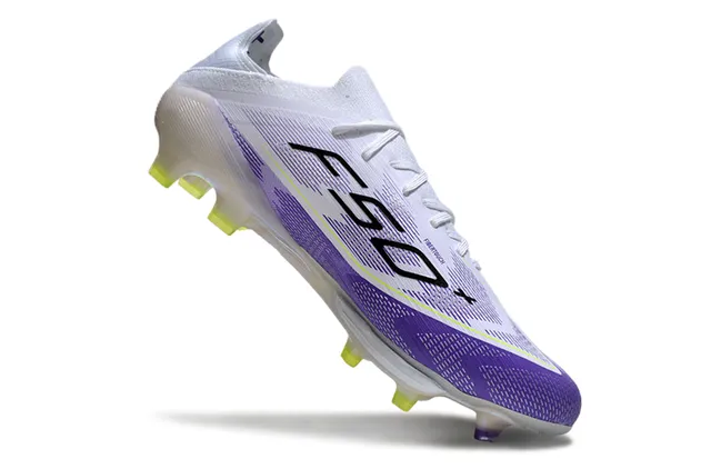 Adidas F50 White Purple Low-Cut Sock-Fit Upper Translucent Iridescent Outsole Firm-Ground Soccer Shoes 2