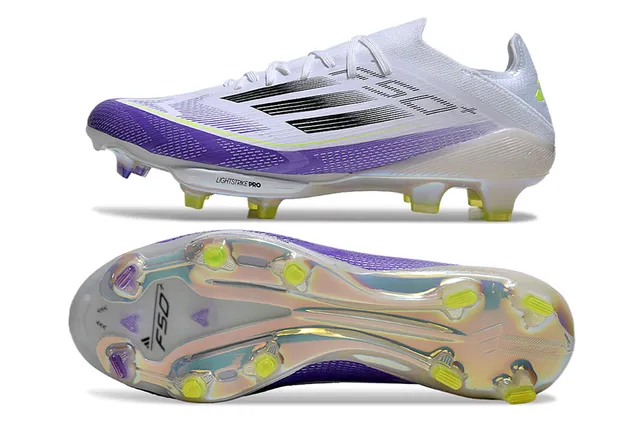 Adidas F50 White Purple Low-Cut Sock-Fit Upper Translucent Iridescent Outsole Firm-Ground Soccer Shoes 6