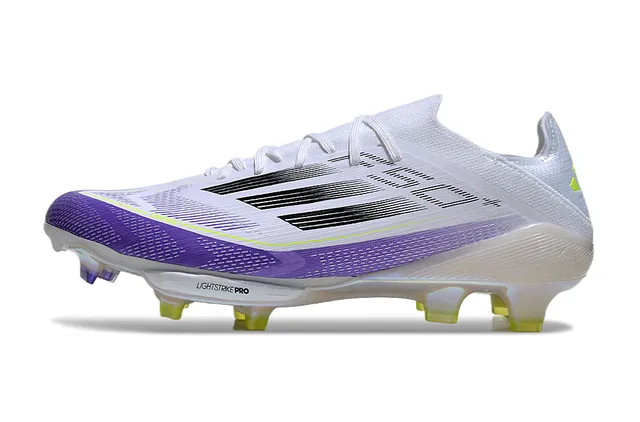 Adidas F50 White Purple Low-Cut Sock-Fit Upper Translucent Iridescent Outsole Firm-Ground Soccer Shoes 7
