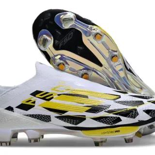 Adidas F50 White Yellow Low-Cut Sock-Fit Upper Geometric Pattern Firm-Ground Soccer Shoes