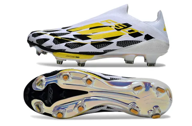 Adidas F50 Branco Amarelo Low-Cut Sock-Fit Upper Padrão Geométrico Sapatos de Futebol Firm-Ground 6