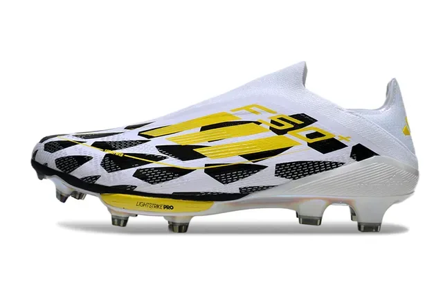 Adidas F50 Branco Amarelo Low-Cut Sock-Fit Upper Padrão Geométrico Sapatos de Futebol Firm-Ground 7