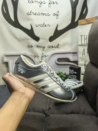 Adidas Gray Beige Metallic Leather Upper Off-White Three Stripes Lifestyle Sneakers 5