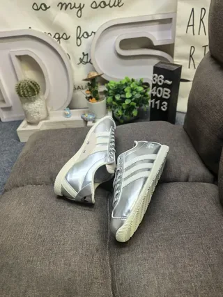 Adidas Gray Beige Metallic Leather Upper Off-White Three Stripes Lifestyle Sneakers 6