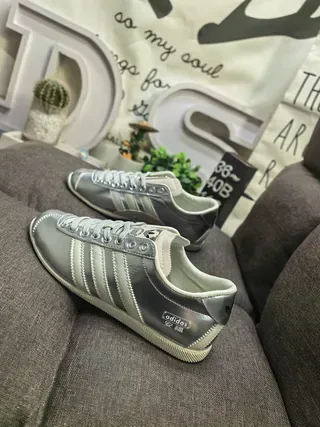 Adidas Gray Beige Metallic Leather Upper Off-White Three Stripes Lifestyle Sneakers 7