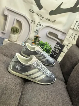 Adidas Gray Beige Metallic Leather Upper Off-White Three Stripes Lifestyle Sneakers 9