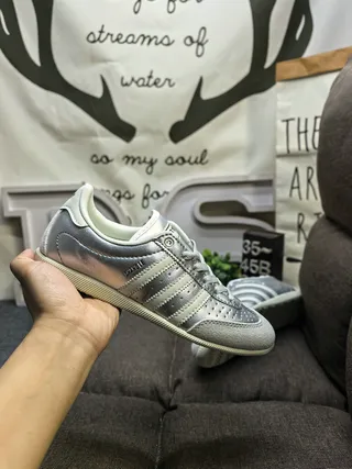 Adidas Gray White Metallic Silver Leather Three-Stripe Side Panel Lifestyle Sneakers 5