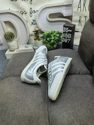 Adidas Gray White Metallic Silver Leather Three-Stripe Side Panel Lifestyle Sneakers 6