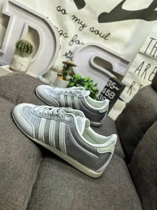 Adidas Gray White Metallic Silver Leather Three-Stripe Side Panel Lifestyle Sneakers 7