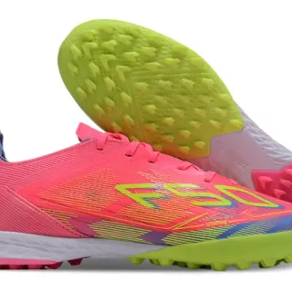 Adidas Pink Green Low-Cut Synthetic Knit Upper Multicolor Graphic Side Panel Turf Soccer Shoes