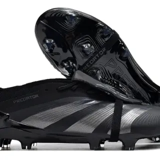 Adidas Predator Black Silver Laceless Strap Closure Metallic Striped Overlays Firm-Ground Soccer Shoes