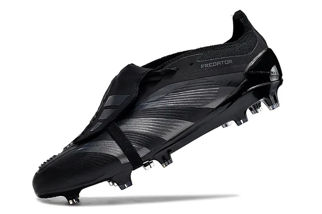 Adidas Predator Black Silver Laceless Strap Closure Metallic Striped Overlays Firm-Ground Soccer Shoes 3