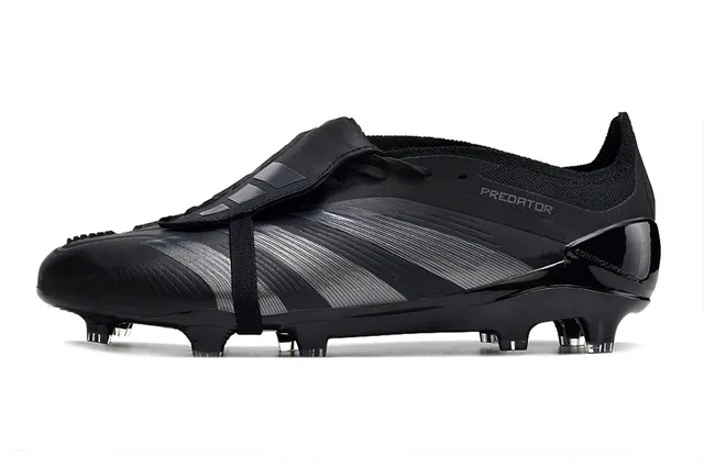 Adidas Predator Black Silver Laceless Strap Closure Metallic Striped Overlays Firm-Ground Soccer Shoes 4
