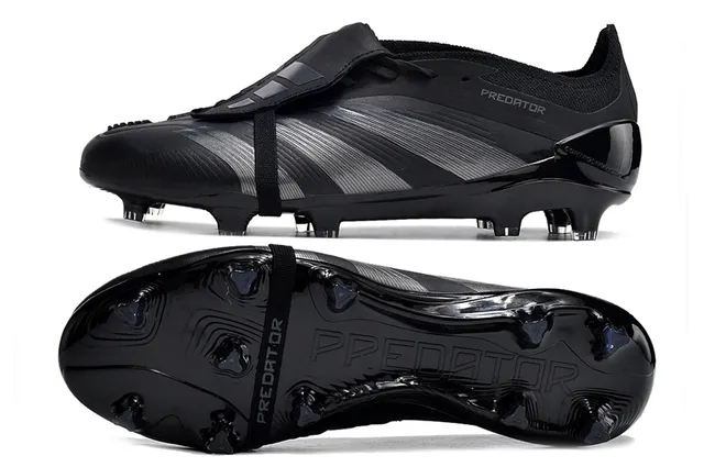 Adidas Predator Black Silver Laceless Strap Closure Metallic Striped Overlays Firm-Ground Soccer Shoes 6