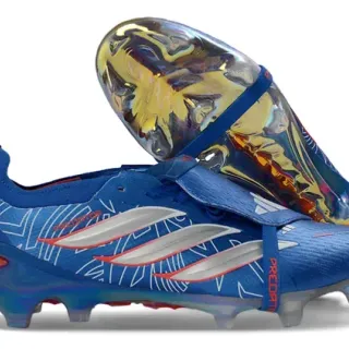 Adidas Predator Blue Silver Laceless Strap Closure Iridescent Heel Counter Firm-Ground Soccer Shoes