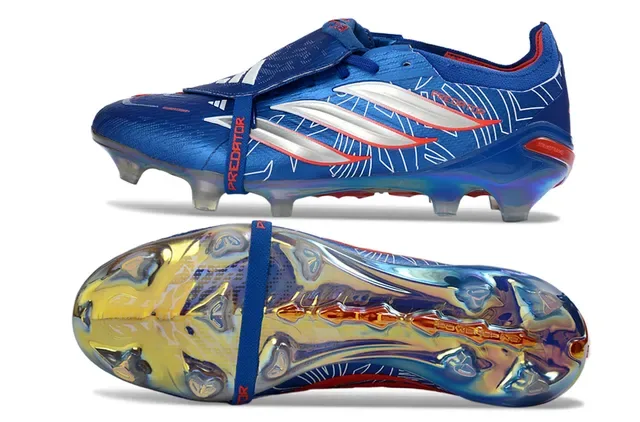 Adidas Predator Sapatos de Futebol Azul Prata Sem Cadarço Fecho de Sangle Contraplaca de Calcanhar Iridescente Gramado Natural 6
