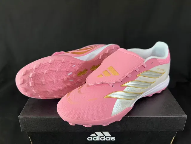Adidas Predator Pink Gold Sin cordones Cierre de correa Panel lateral Iridiscente Blanco Turf Zapatillas de fútbol 3